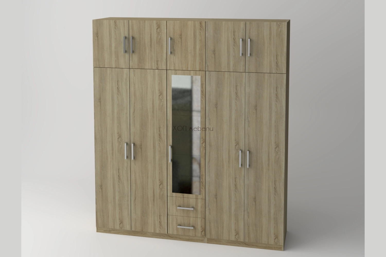 Гардероб с 5 врати, огледало, 2 чекмеджета и надстройка ID 13929 - 1