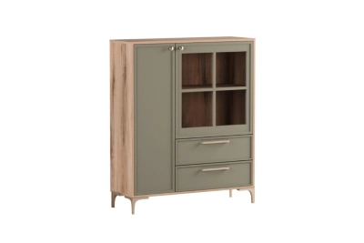 Нисък шкаф с витрина Алба - дъб канела / олив