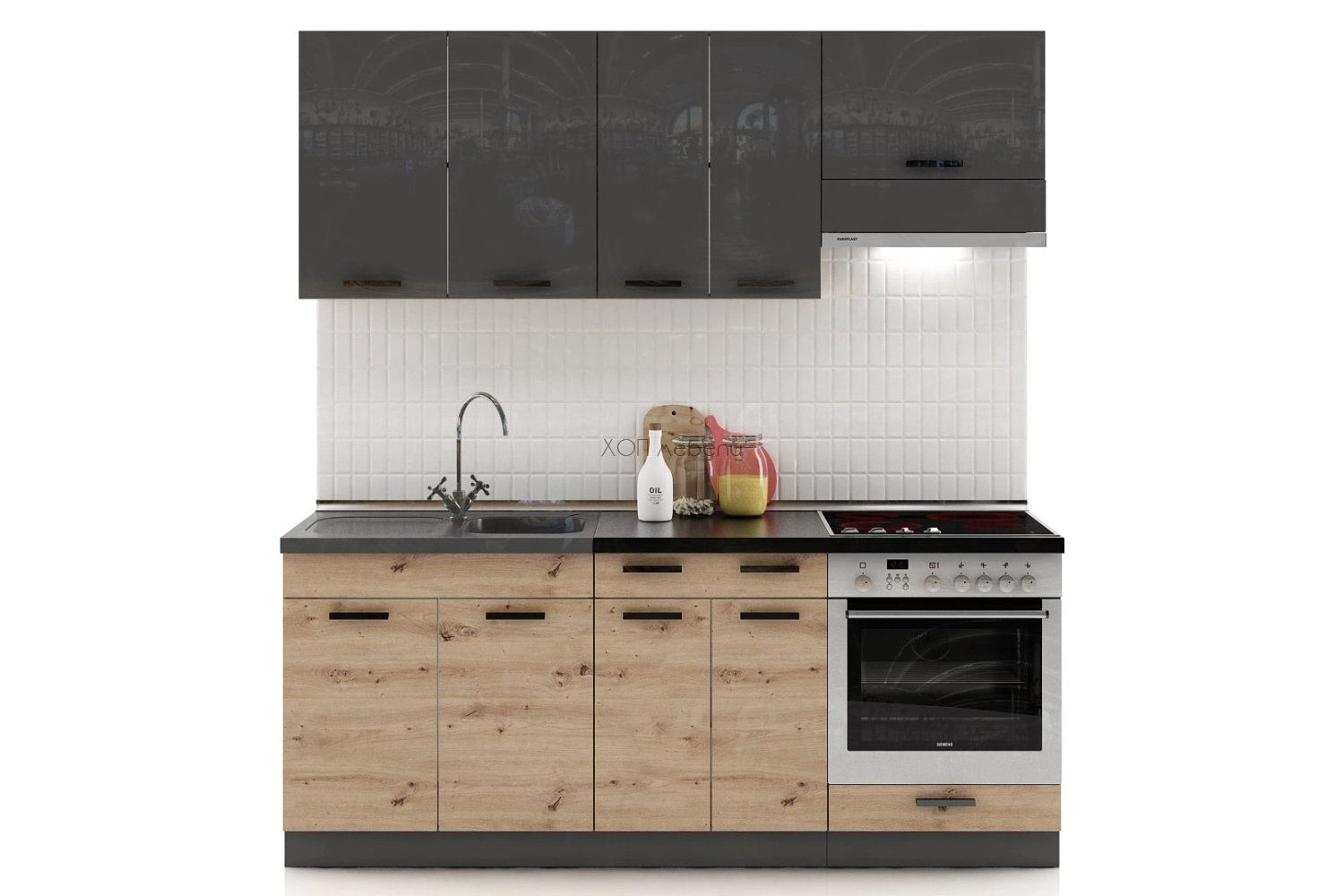 Кухня Марта лукс 140 + шкаф за фурна и абсорбатор - артизан и графит гланц ID 12230