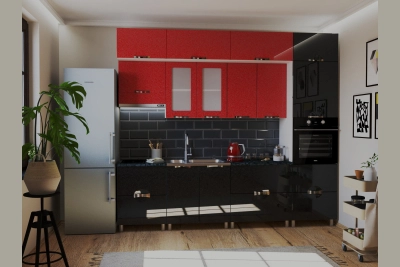Кухня с надстройка Адел лукс NEW 2,8 м. в черна галактика/червена перла