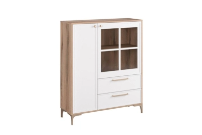 Нисък шкаф с витрина Алба - дъб канела / бяло
