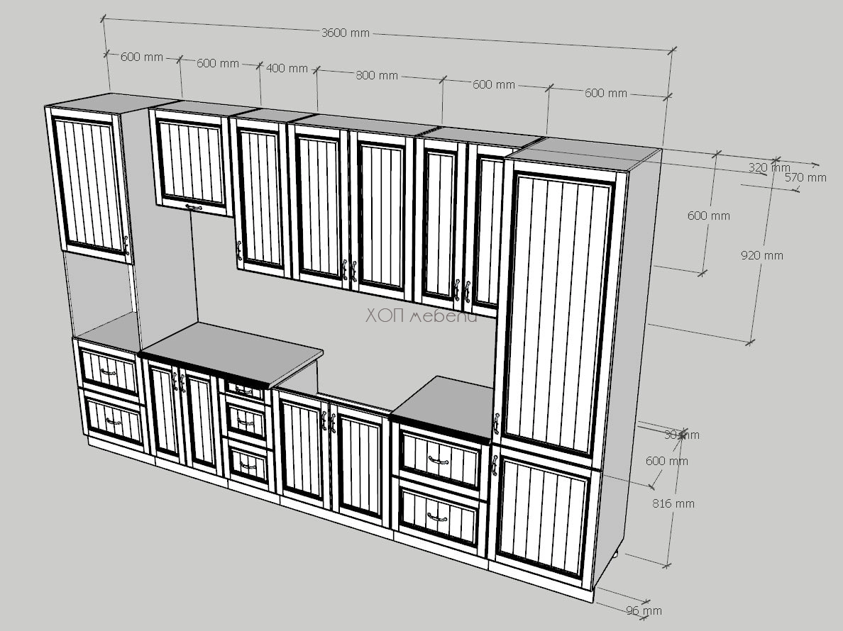 Размери на Кухня Прованс с два колонни шкафа 360 см. - бяло дърво ID 12522